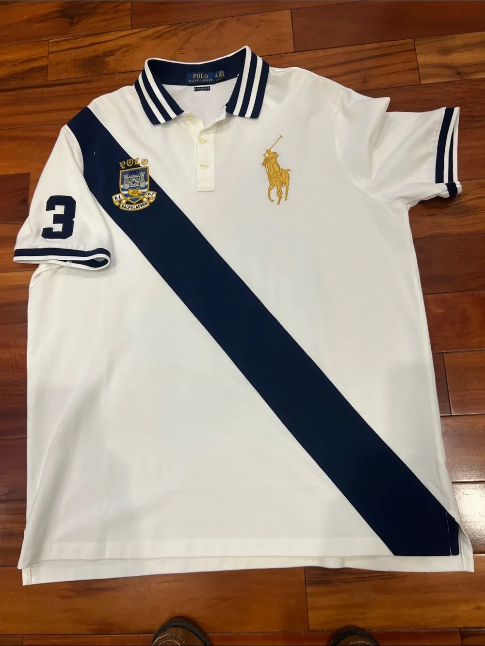 Polo by Ralph Lauren White Polo with Navy Diagonal Stripe & Gold Pony Men’s XL